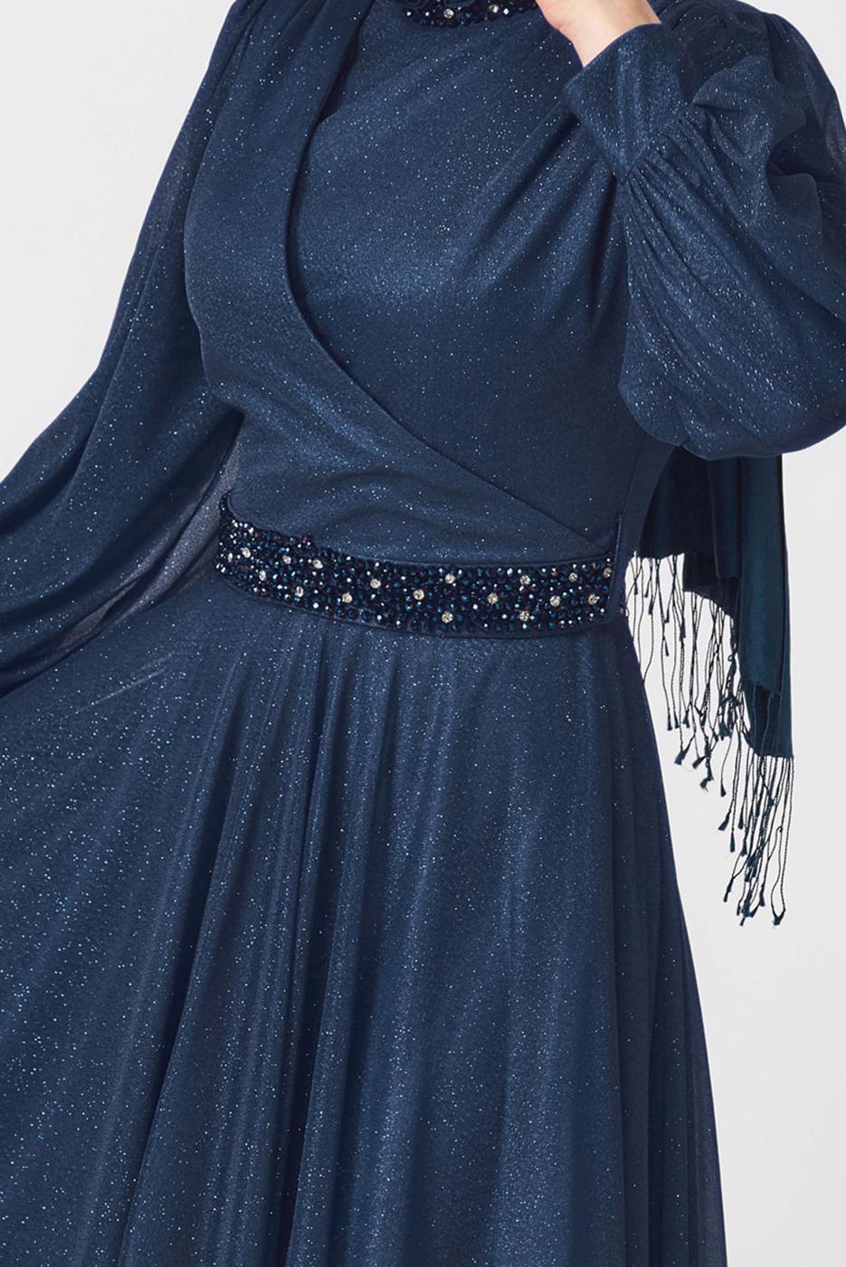 Tesettür giyim LACİVERT ALVİNA SİMLİ ABİYE ELBİSE T 50127