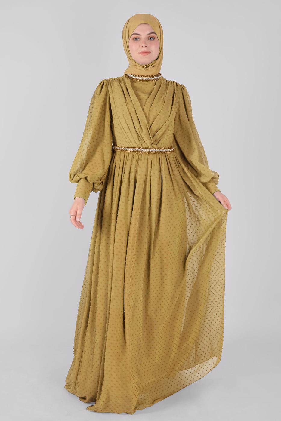 Tesettür giyim KAHVE ALVİNA ŞİFON ABİYE ELBİSE T 50128 