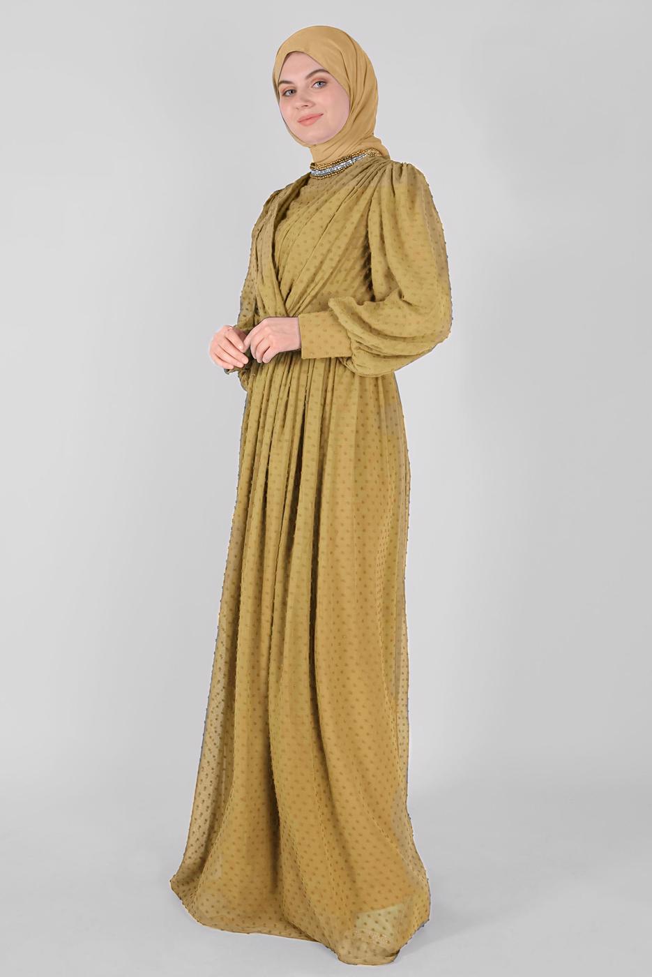 Tesettür giyim KAHVE ALVİNA ŞİFON ABİYE ELBİSE T 50128 