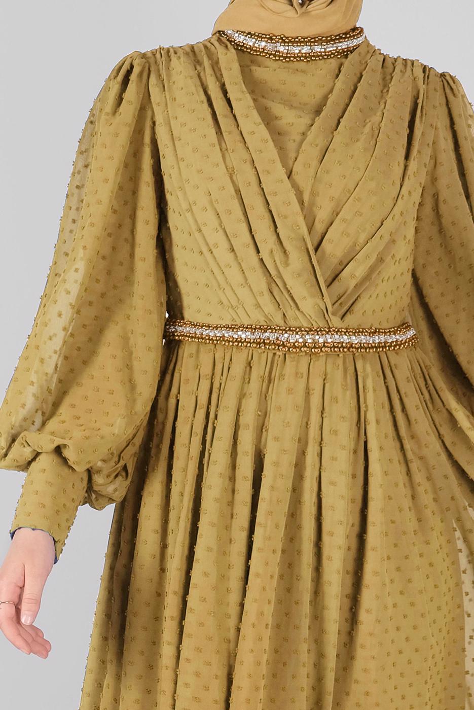 Tesettür giyim KAHVE ALVİNA ŞİFON ABİYE ELBİSE T 50128 