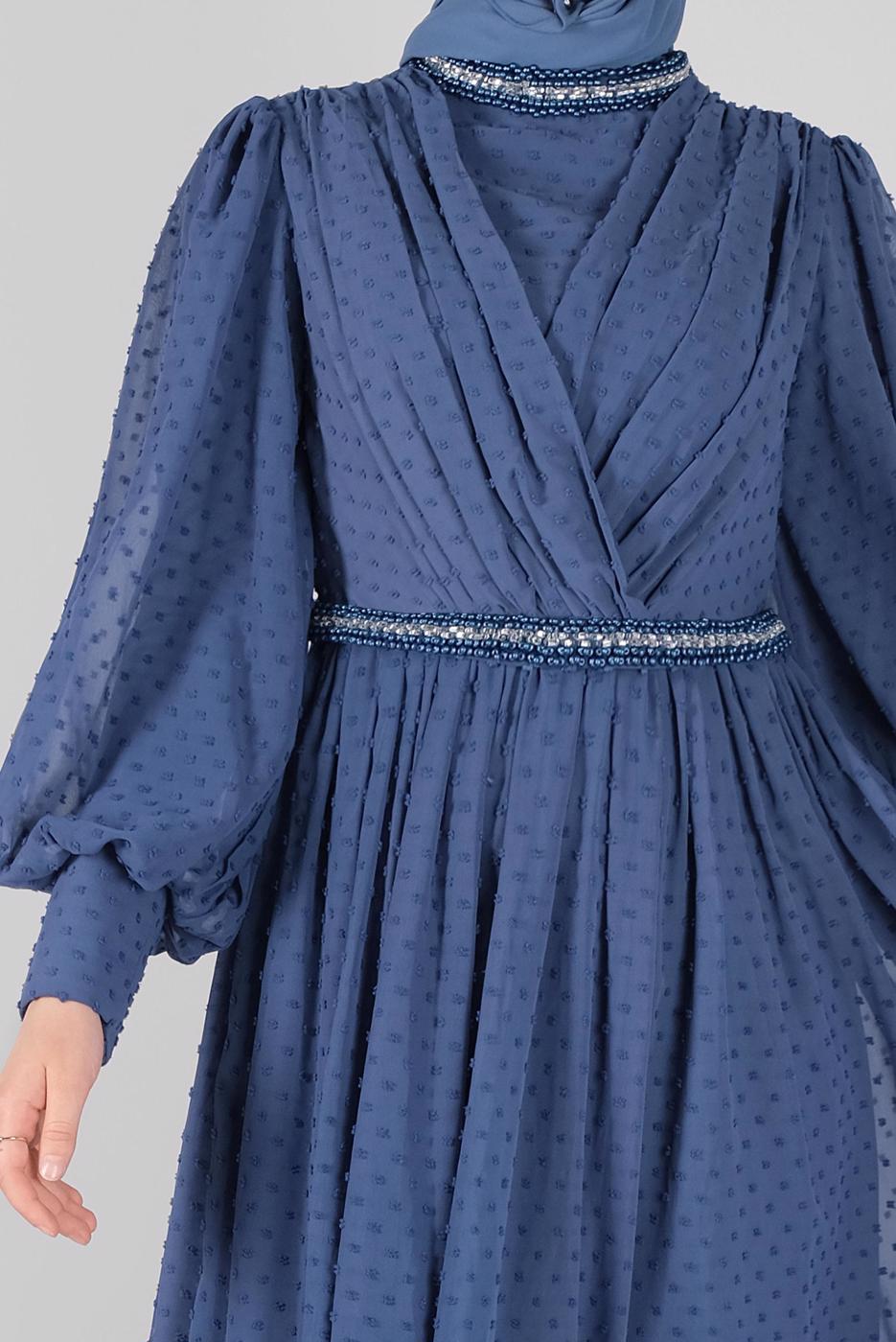 Tesettür giyim LACİVERT ALVİNA ŞİFON ABİYE ELBİSE T 50128 