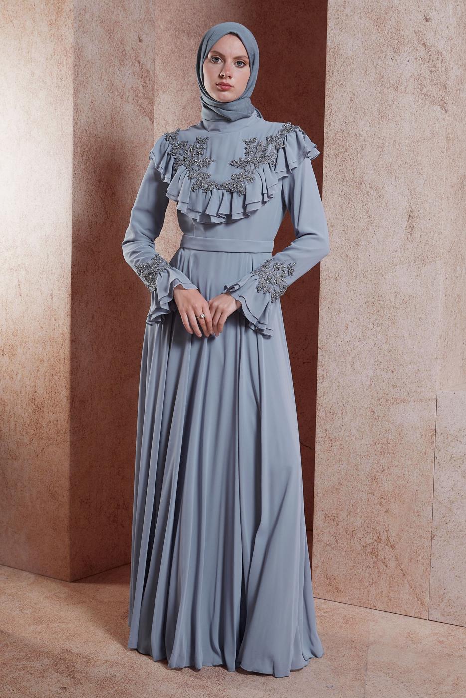 Tesettür giyim GRİ ALVİNA ŞİFON ABİYE ELBİSE T 50135