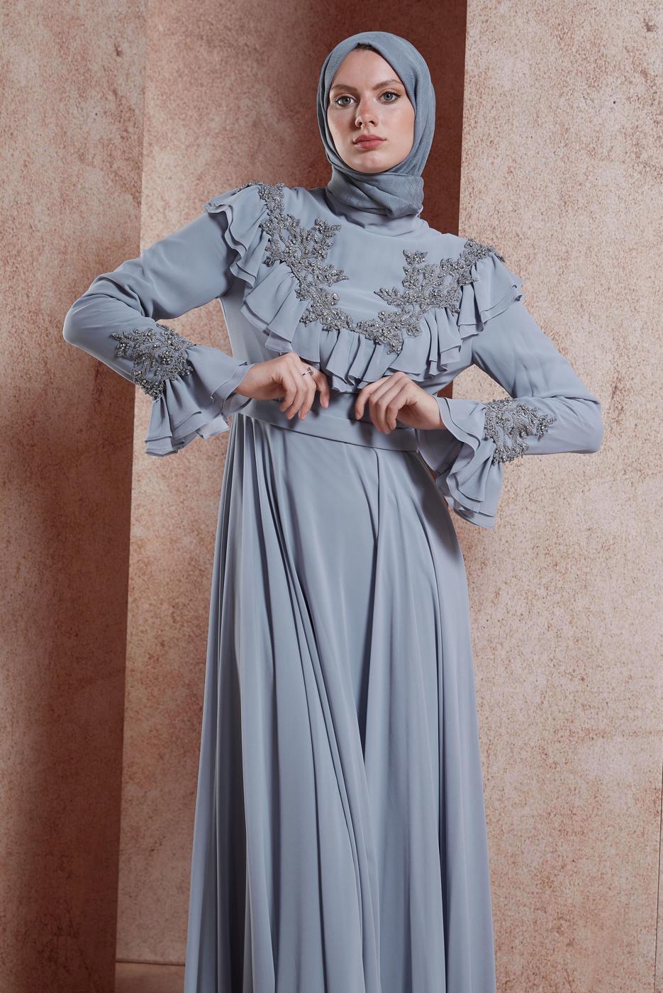 Tesettür giyim GRİ ALVİNA ŞİFON ABİYE ELBİSE T 50135