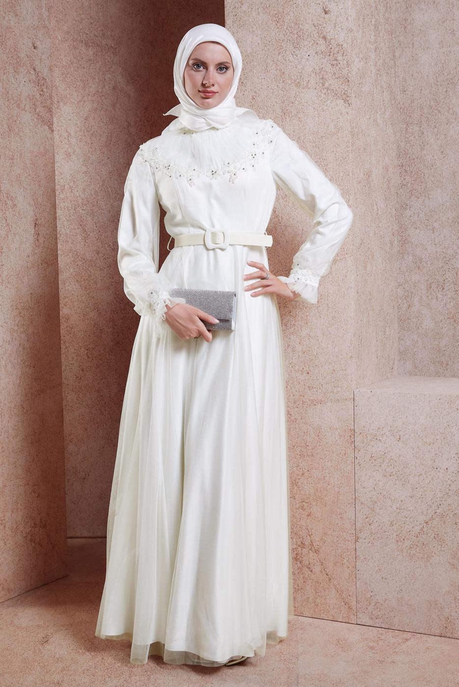 Tesettür giyim PUDRA ALVİNA KEMERLİ ABİYE ELBİSE T 50153