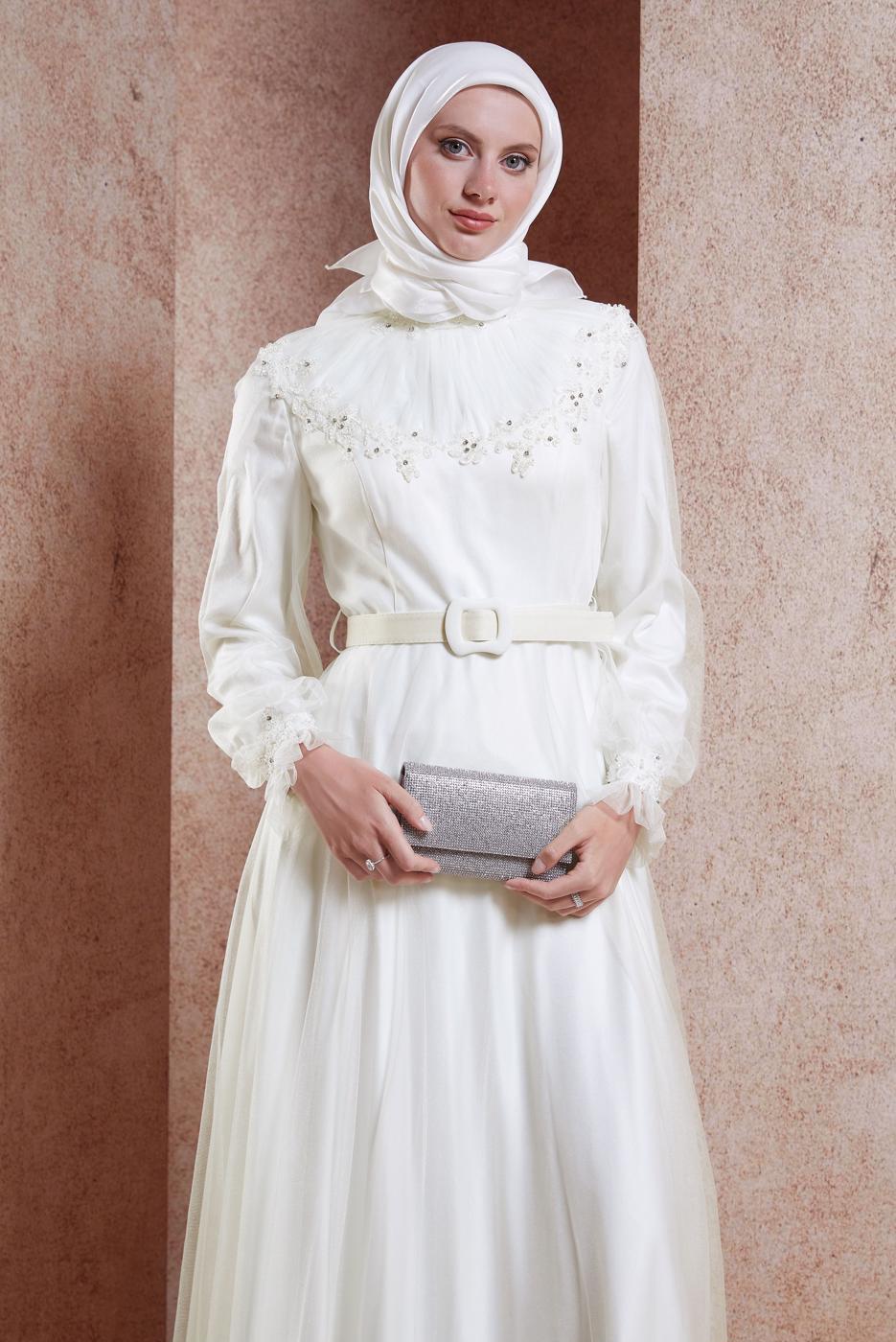 Tesettür giyim PUDRA ALVİNA KEMERLİ ABİYE ELBİSE T 50153