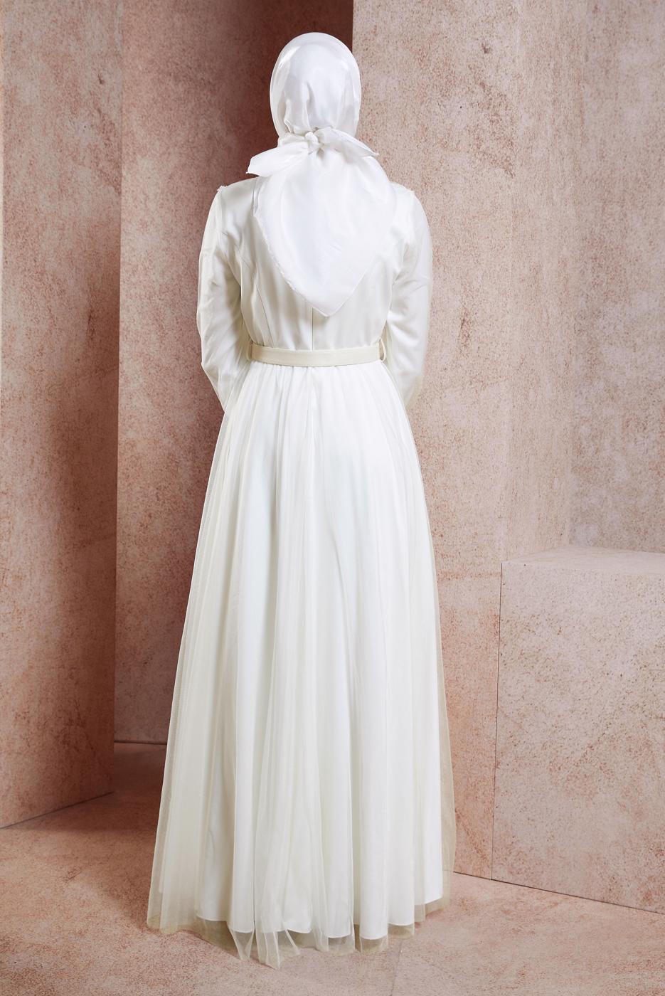 Tesettür giyim PUDRA ALVİNA KEMERLİ ABİYE ELBİSE T 50153