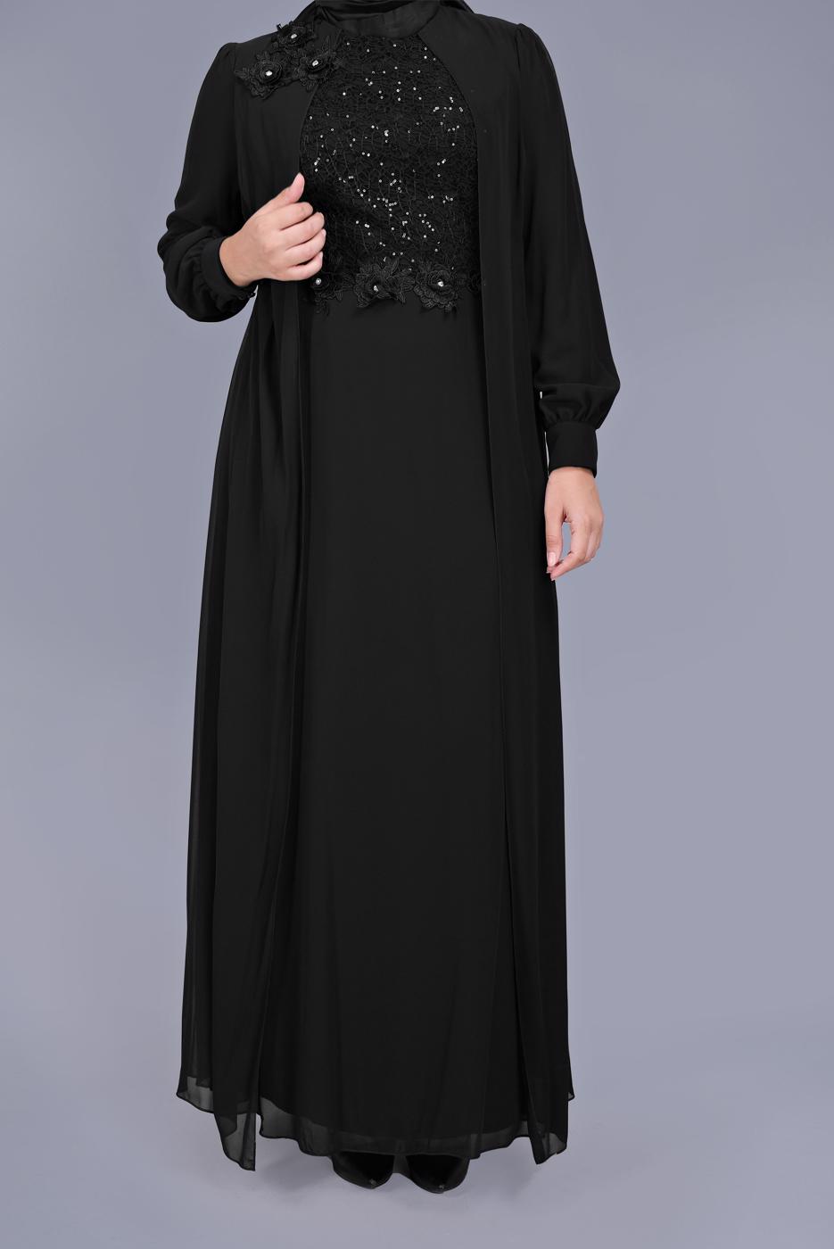 Tesettür giyim SİYAH PULLU İŞLEMELİ ABİYE ELBİSE 52788 