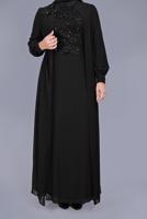 Tesettür giyim SİYAH PULLU İŞLEMELİ ABİYE ELBİSE 52788 