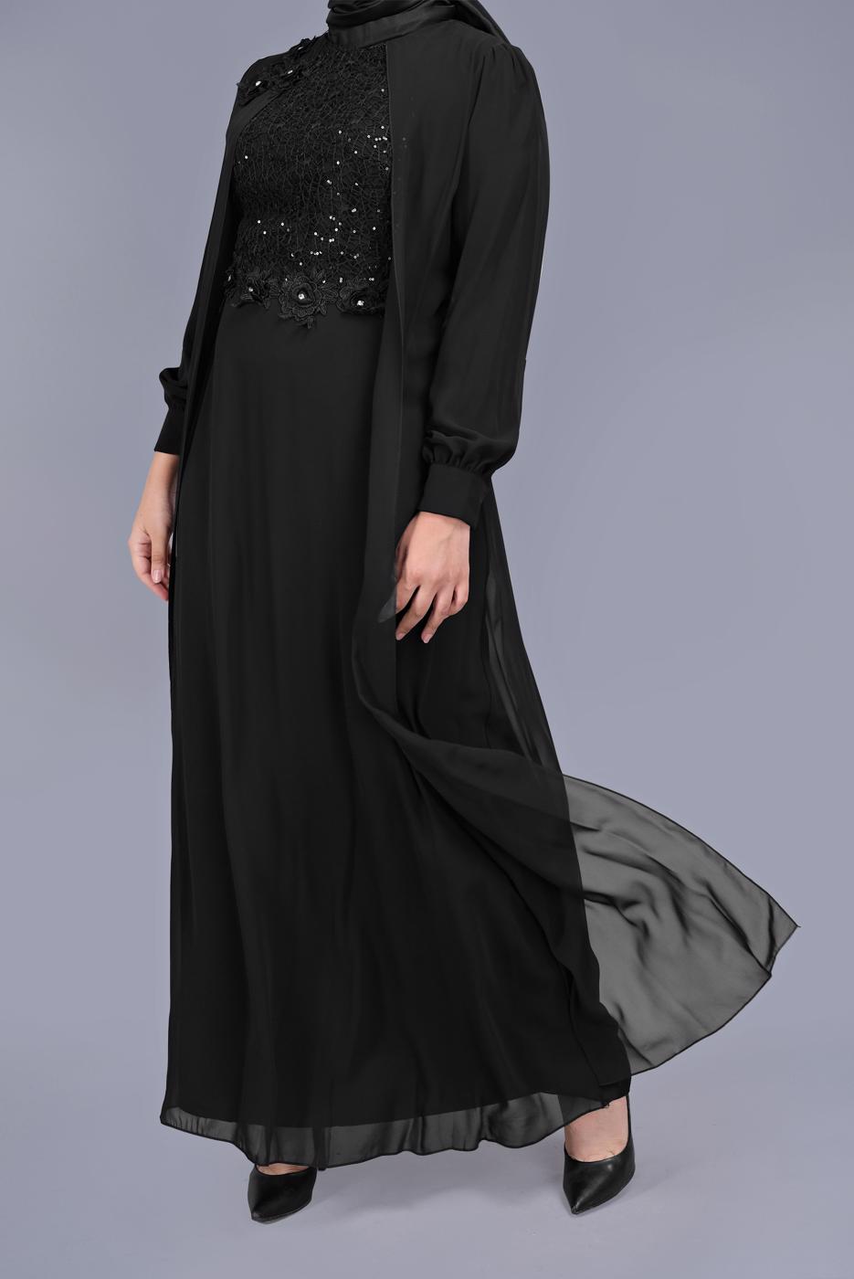 Tesettür giyim SİYAH PULLU İŞLEMELİ ABİYE ELBİSE 52788 