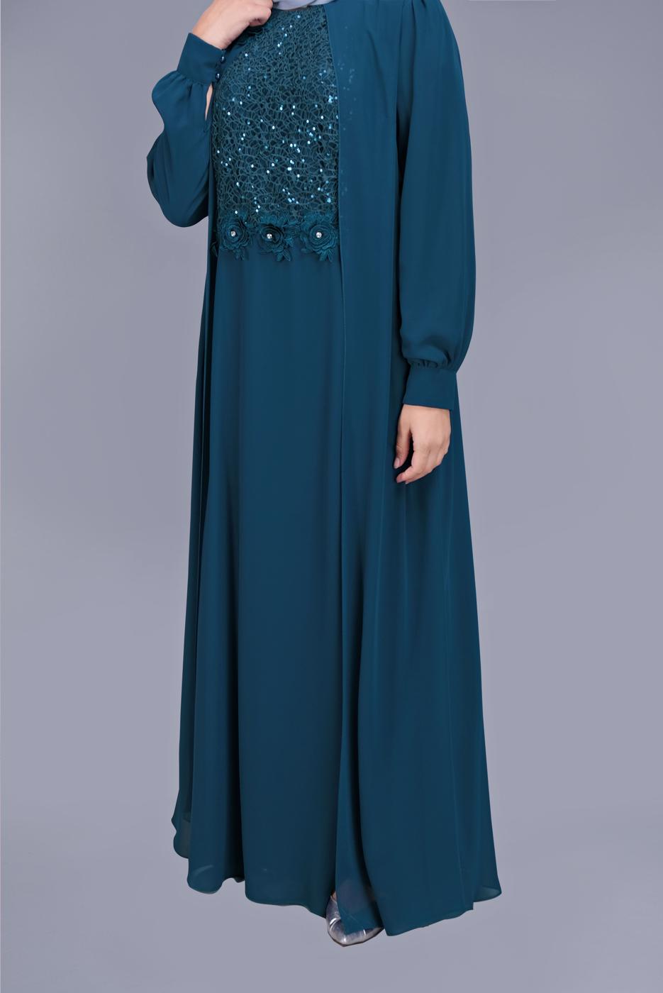 Tesettür giyim MAVİ PULLU İŞLEMELİ ABİYE ELBİSE 52788 