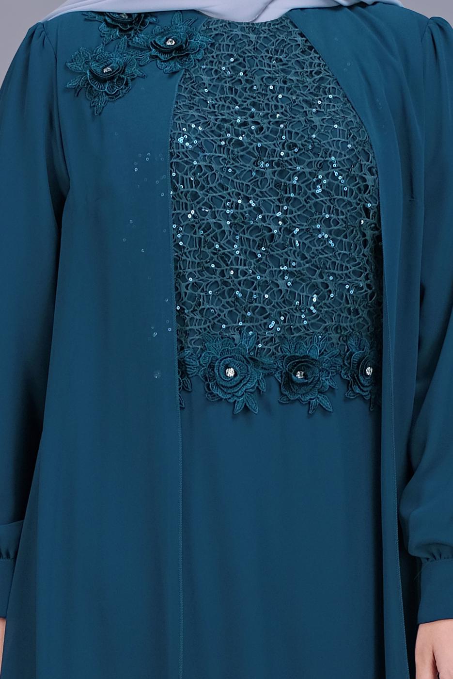 Tesettür giyim MAVİ PULLU İŞLEMELİ ABİYE ELBİSE 52788 