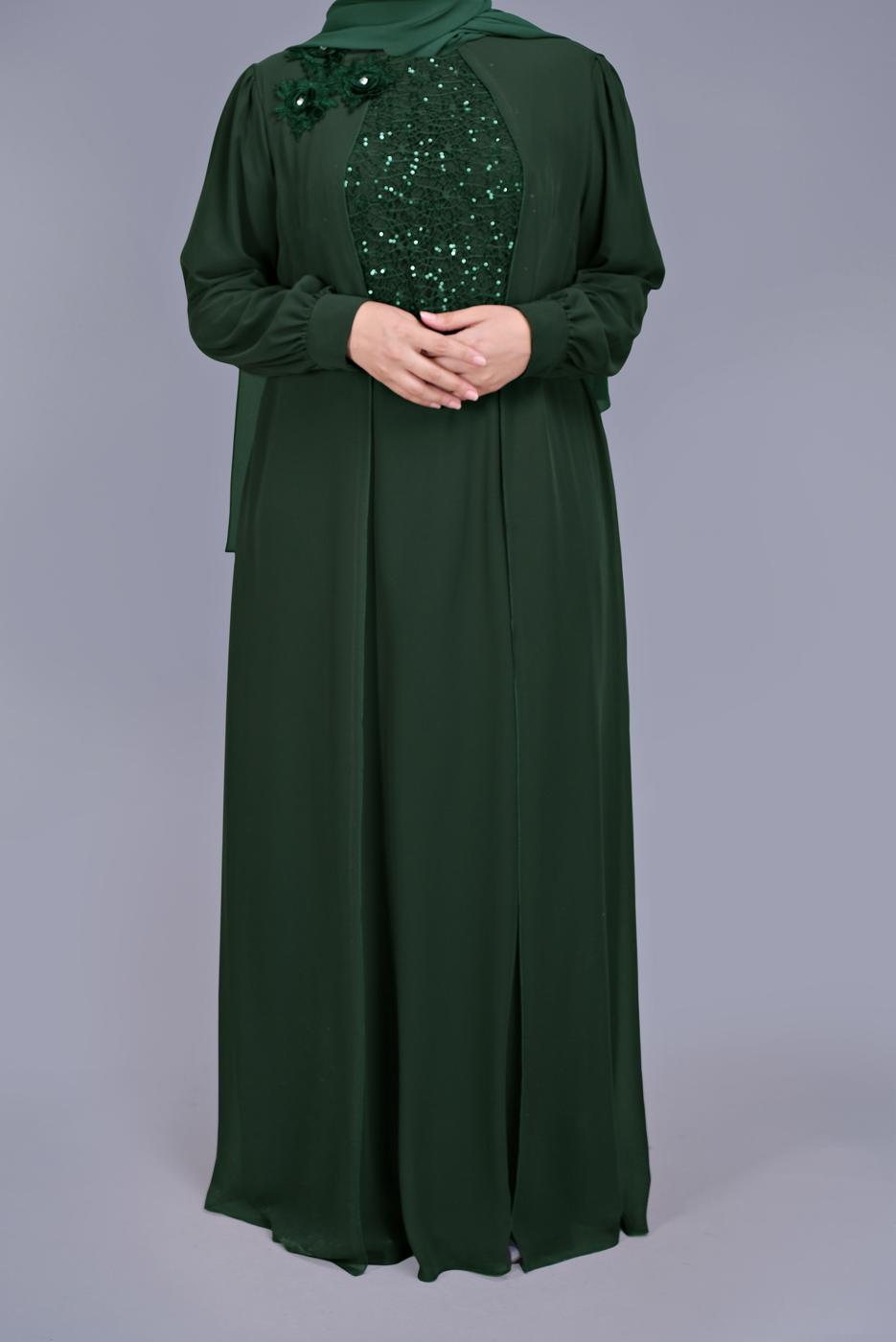 Tesettür giyim YEŞİL PULLU İŞLEMELİ ABİYE ELBİSE 52788 