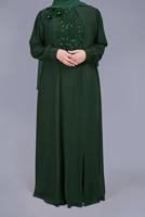Tesettür giyim YEŞİL PULLU İŞLEMELİ ABİYE ELBİSE 52788 