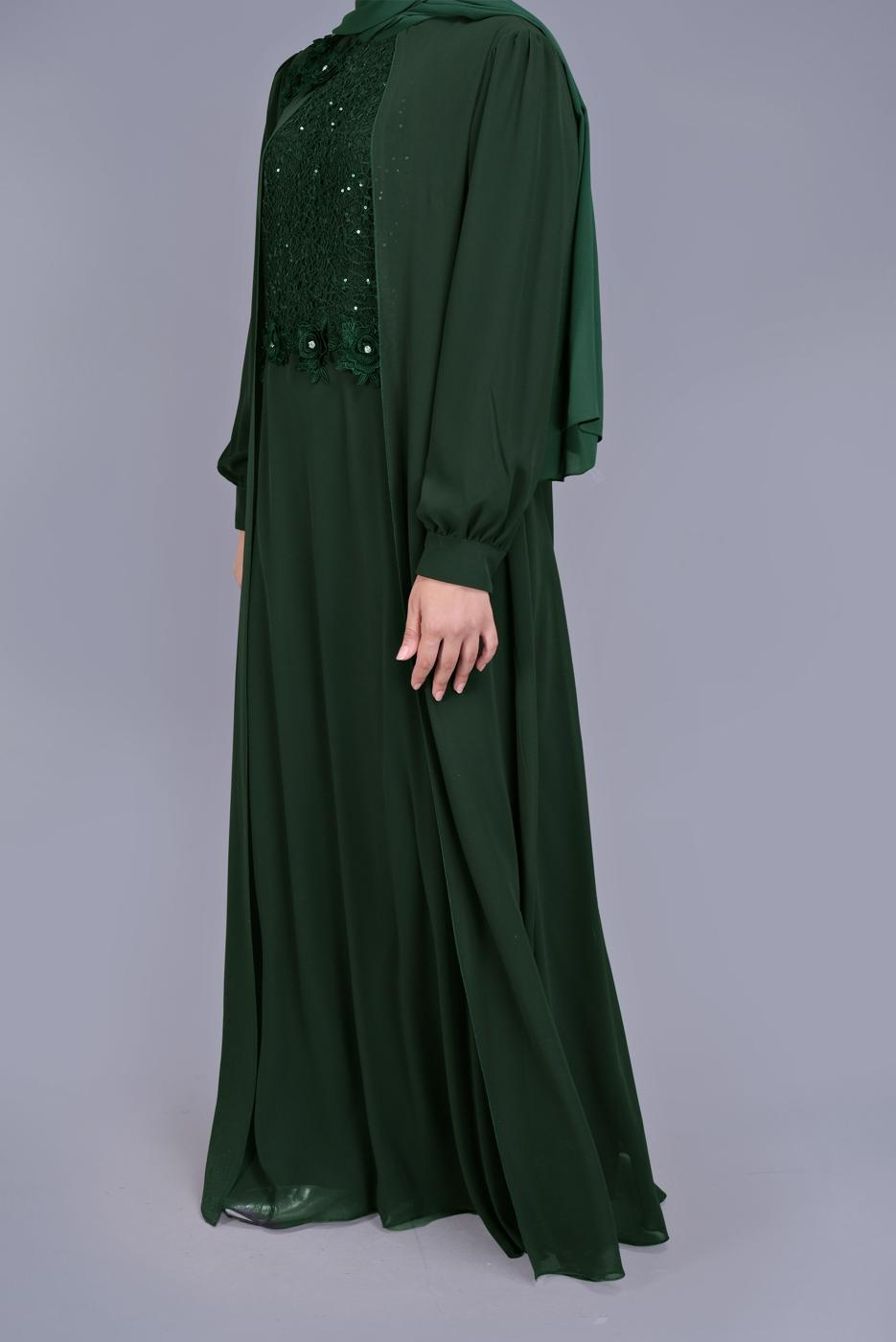 Tesettür giyim YEŞİL PULLU İŞLEMELİ ABİYE ELBİSE 52788 