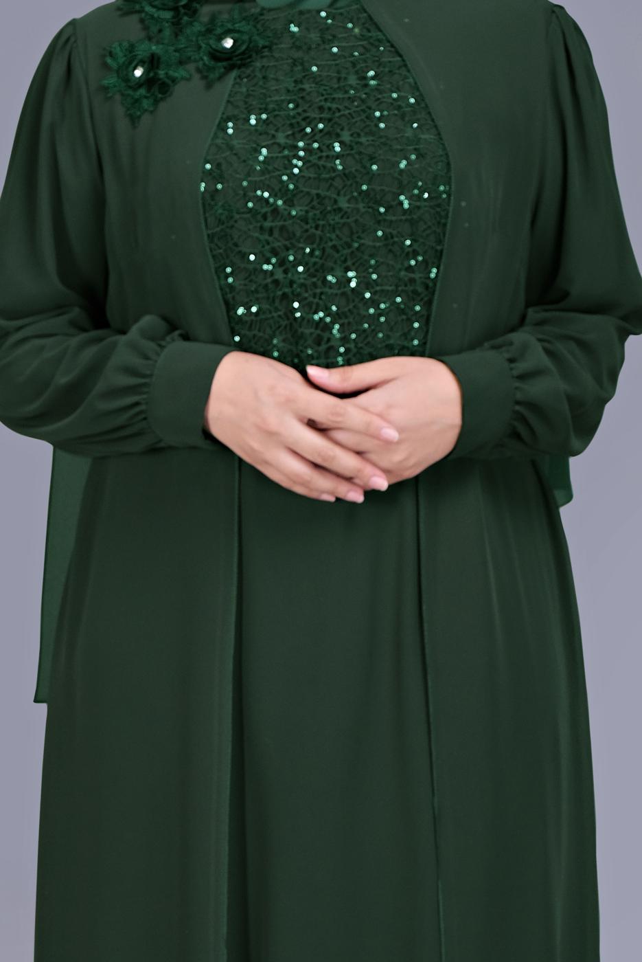 Tesettür giyim YEŞİL PULLU İŞLEMELİ ABİYE ELBİSE 52788 