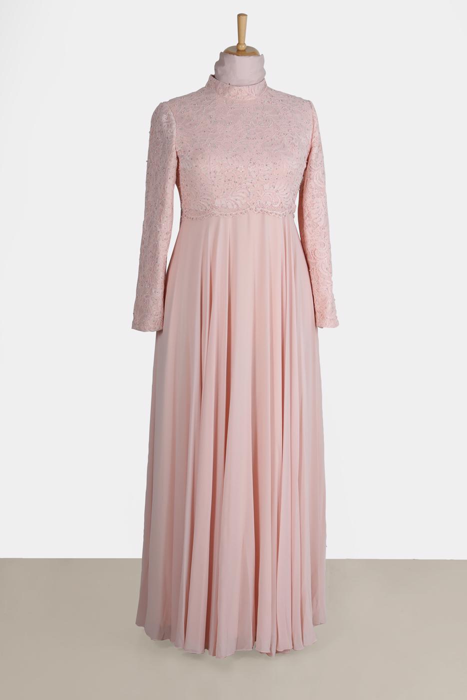 Vêtements hijab POUDRE ROBE DE SOIRÉE EN DENTELLE ALVİNA 5479