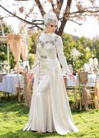 Tesettür giyim KREM ALVİNA HAKİM YAKA ABİYE İŞLEMELİ İKİLİ ELBİSE 5487	