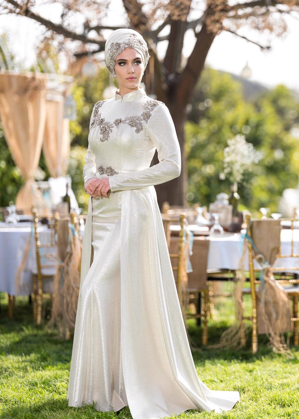 Tesettür giyim KREM ALVİNA HAKİM YAKA ABİYE İŞLEMELİ İKİLİ ELBİSE 5487	