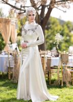 Tesettür giyim KREM ALVİNA HAKİM YAKA ABİYE İŞLEMELİ İKİLİ ELBİSE 5487	
