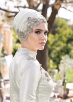 Tesettür giyim KREM ALVİNA HAKİM YAKA ABİYE İŞLEMELİ İKİLİ ELBİSE 5487	