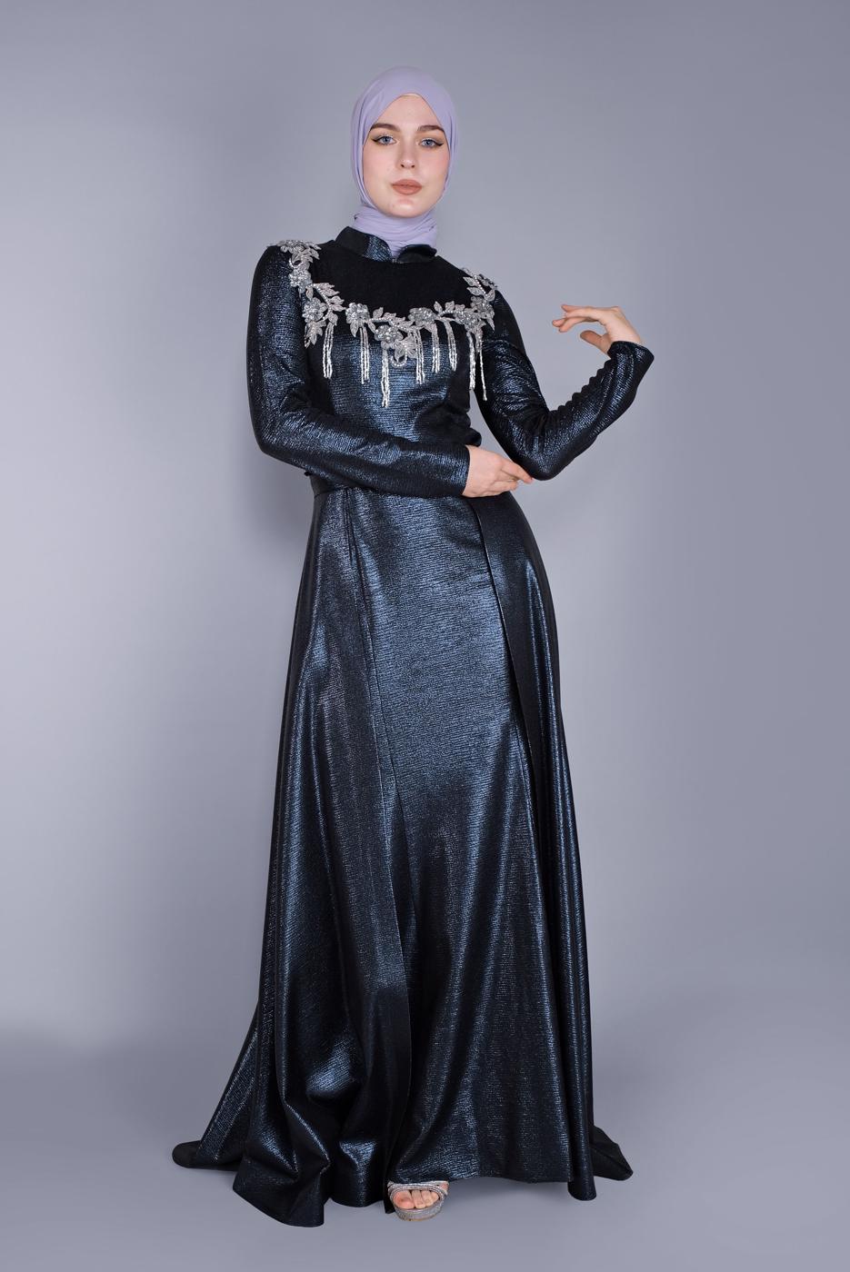 Tesettür giyim LACİVERT ALVİNA HAKİM YAKA ABİYE İŞLEMELİ İKİLİ ELBİSE 5487	