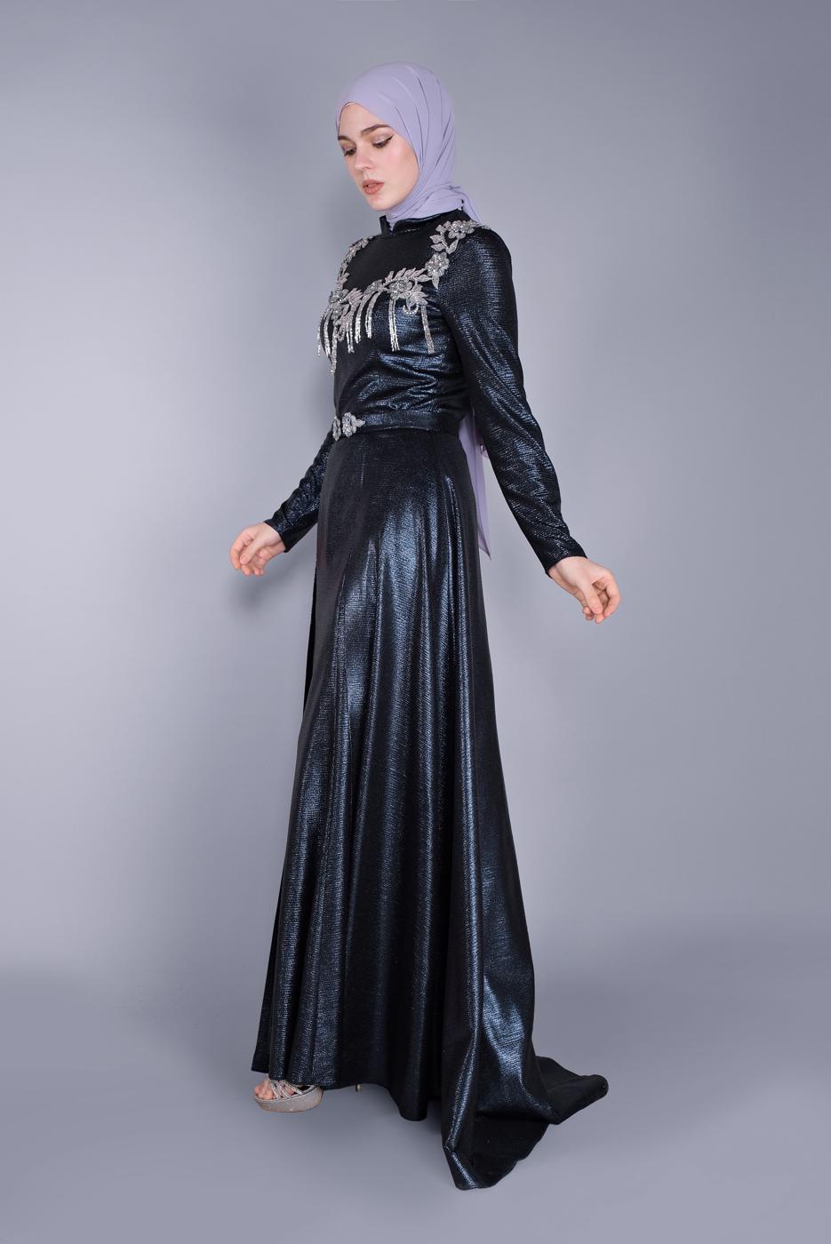 Tesettür giyim LACİVERT ALVİNA HAKİM YAKA ABİYE İŞLEMELİ İKİLİ ELBİSE 5487	