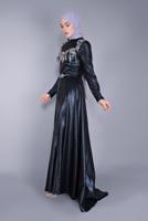 Tesettür giyim LACİVERT ALVİNA HAKİM YAKA ABİYE İŞLEMELİ İKİLİ ELBİSE 5487	