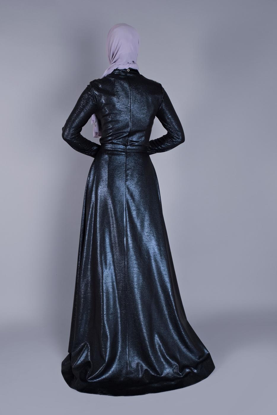 Tesettür giyim LACİVERT ALVİNA HAKİM YAKA ABİYE İŞLEMELİ İKİLİ ELBİSE 5487	