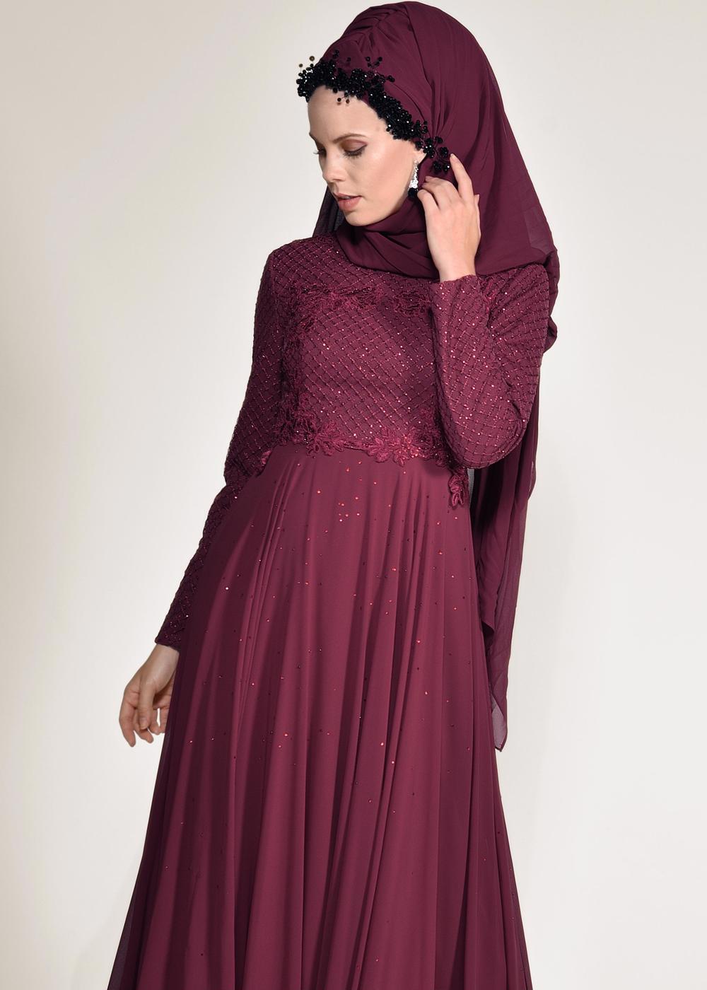 Tesettür giyim BORDO  ALVİNA FİLE DETAYLI ABİYE ELBİSE 5495	