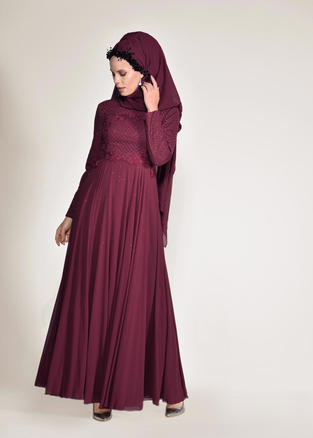 Tesettür giyim BORDO  ALVİNA FİLE DETAYLI ABİYE ELBİSE 5495	