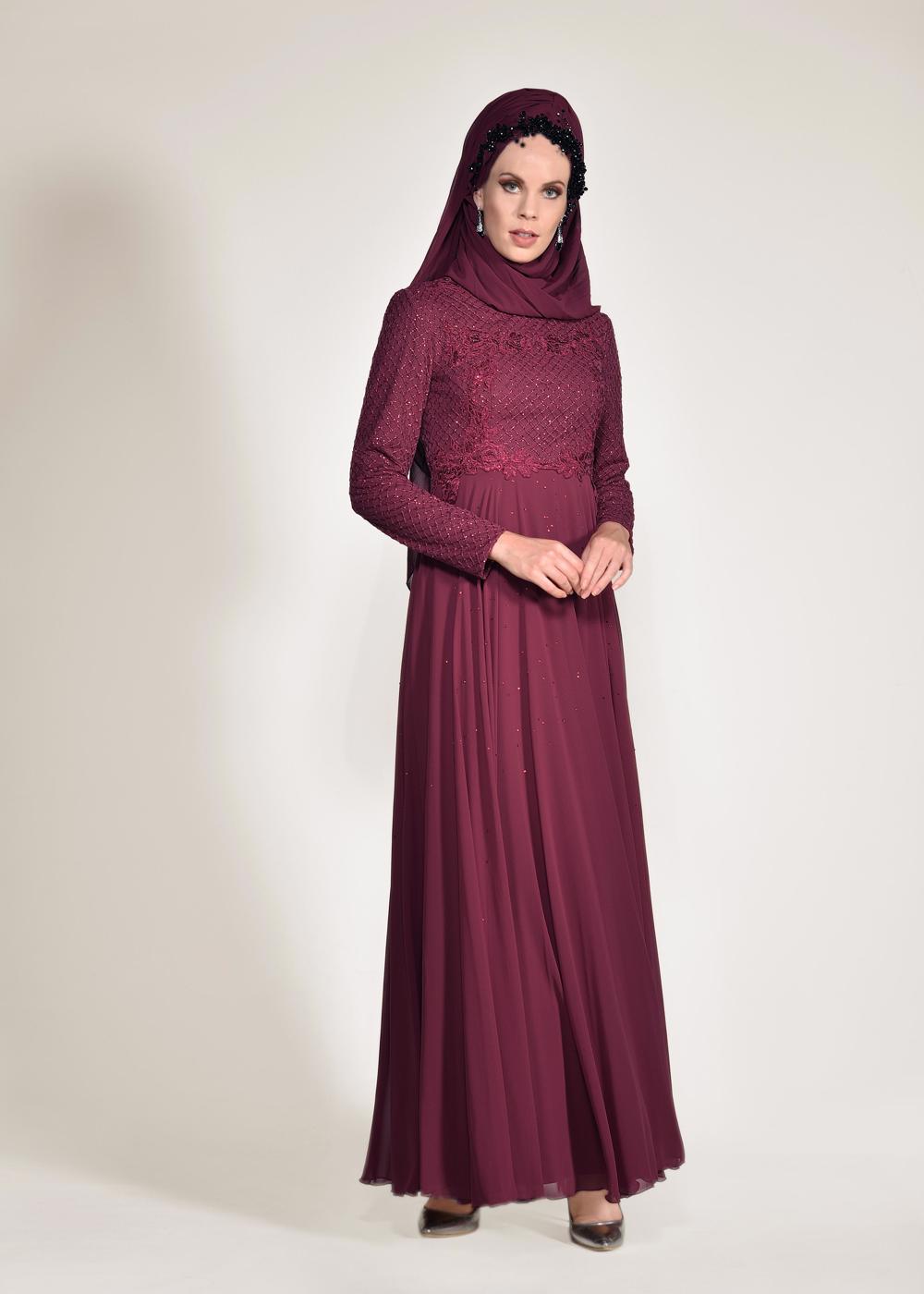 Tesettür giyim BORDO  ALVİNA FİLE DETAYLI ABİYE ELBİSE 5495	