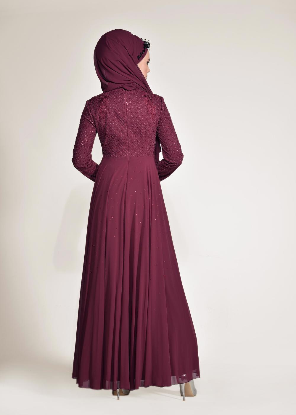 Tesettür giyim BORDO  ALVİNA FİLE DETAYLI ABİYE ELBİSE 5495	