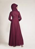 Tesettür giyim BORDO  ALVİNA FİLE DETAYLI ABİYE ELBİSE 5495	