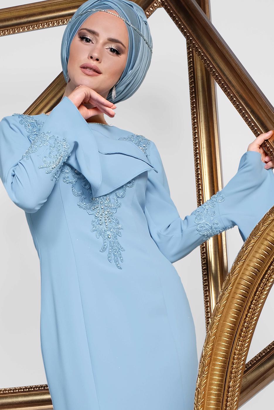 Tesettür giyim MAVİ  ALVİNA GÜPÜR İŞLEMELİ BALIK ABİYE ELBİSE 5513