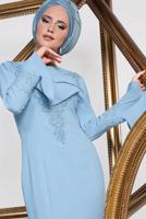 Tesettür giyim MAVİ  ALVİNA GÜPÜR İŞLEMELİ BALIK ABİYE ELBİSE 5513