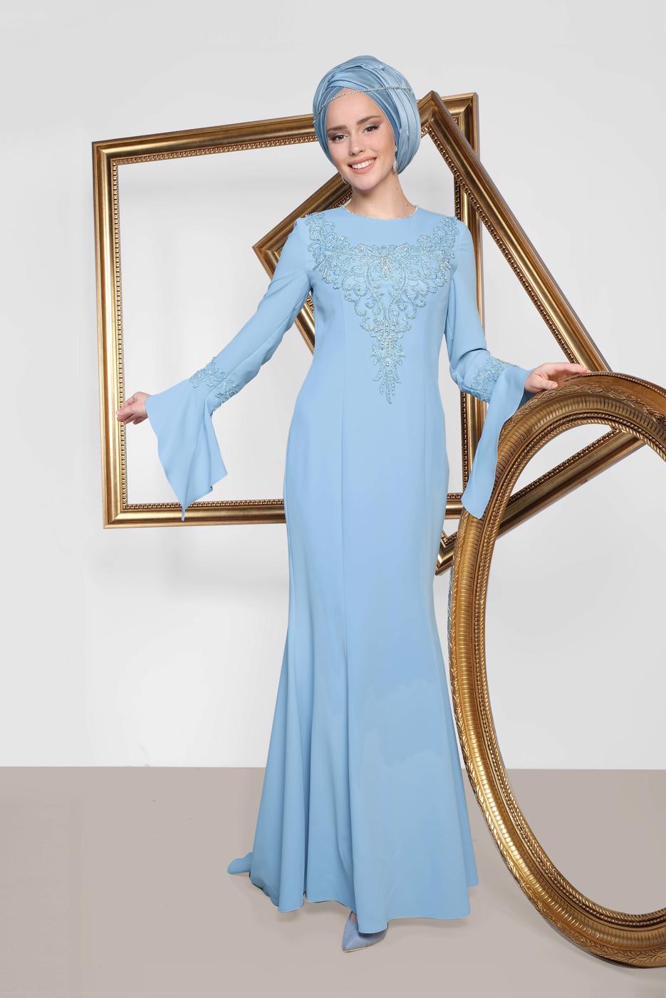 Tesettür giyim MAVİ  ALVİNA GÜPÜR İŞLEMELİ BALIK ABİYE ELBİSE 5513
