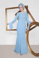 Tesettür giyim MAVİ  ALVİNA GÜPÜR İŞLEMELİ BALIK ABİYE ELBİSE 5513