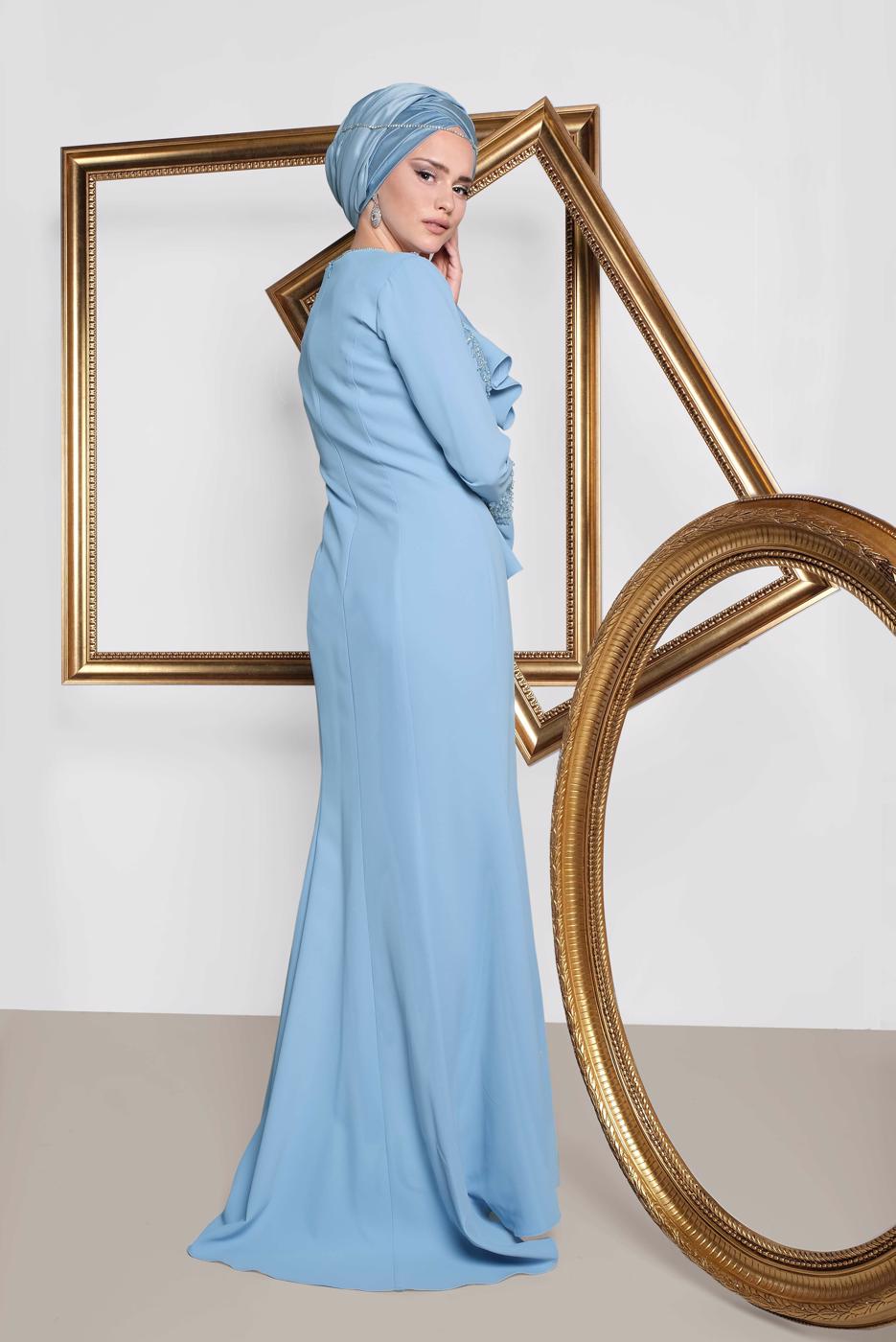 Tesettür giyim MAVİ  ALVİNA GÜPÜR İŞLEMELİ BALIK ABİYE ELBİSE 5513