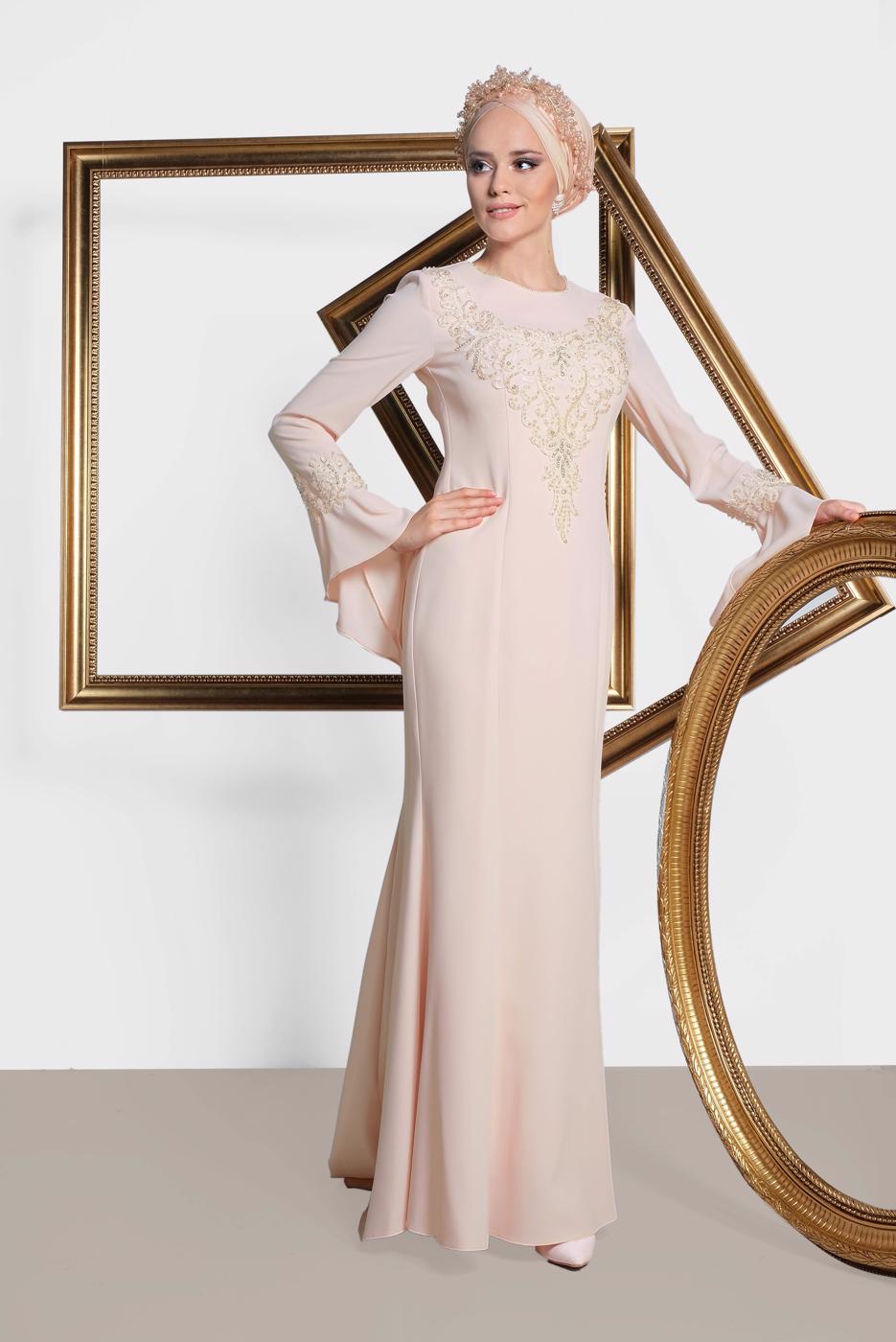 Tesettür giyim PUDRA  ALVİNA GÜPÜR İŞLEMELİ BALIK ABİYE ELBİSE 5513