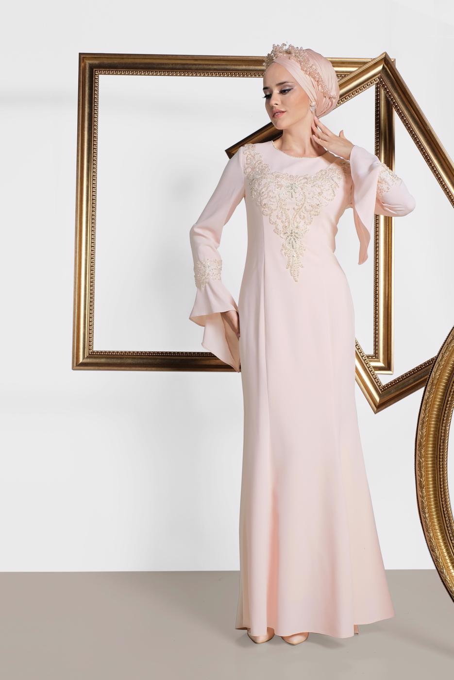 Tesettür giyim PUDRA  ALVİNA GÜPÜR İŞLEMELİ BALIK ABİYE ELBİSE 5513