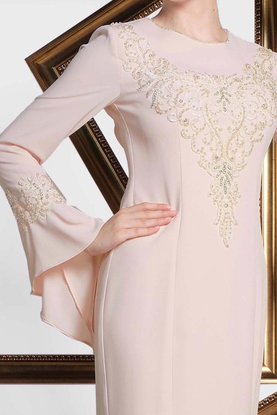 Tesettür giyim PUDRA  ALVİNA GÜPÜR İŞLEMELİ BALIK ABİYE ELBİSE 5513