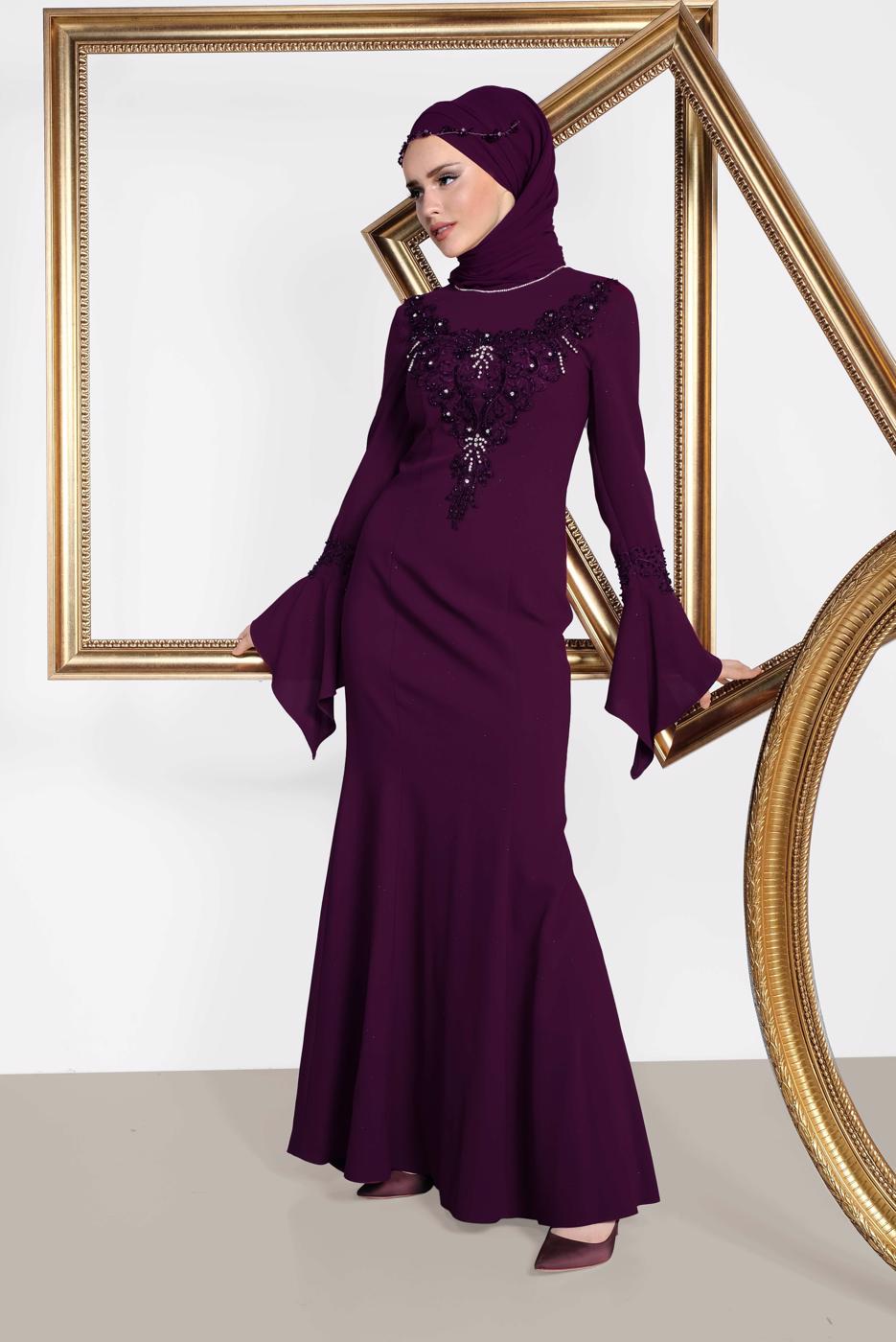 Tesettür giyim BORDO  ALVİNA GÜPÜR İŞLEMELİ BALIK ABİYE ELBİSE 5513