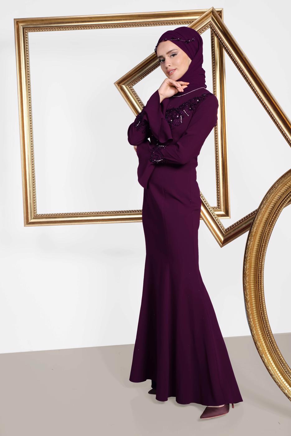 Tesettür giyim BORDO  ALVİNA GÜPÜR İŞLEMELİ BALIK ABİYE ELBİSE 5513