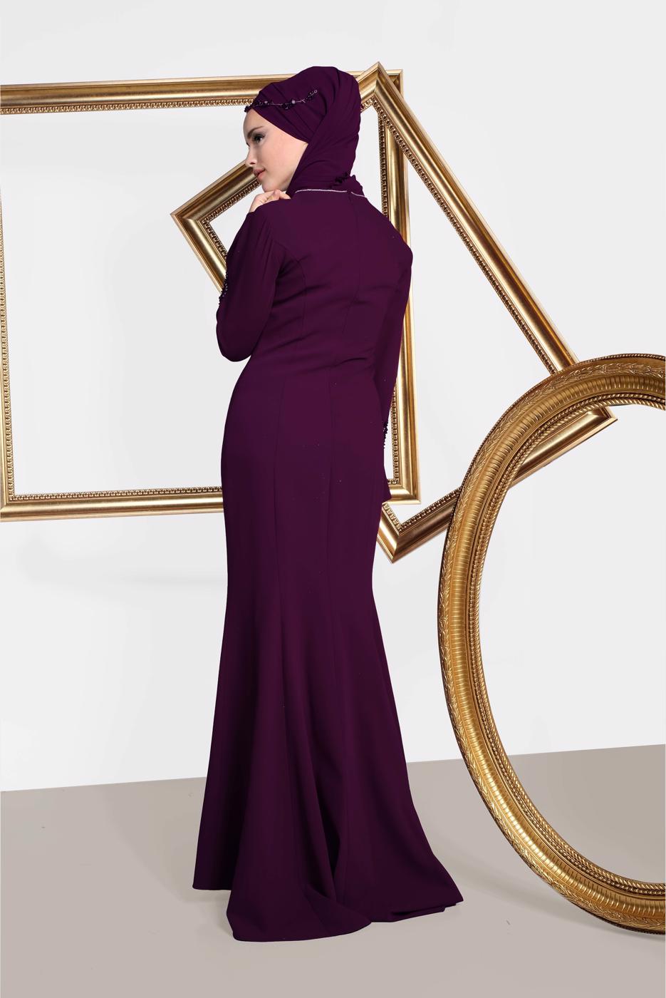 Tesettür giyim BORDO  ALVİNA GÜPÜR İŞLEMELİ BALIK ABİYE ELBİSE 5513