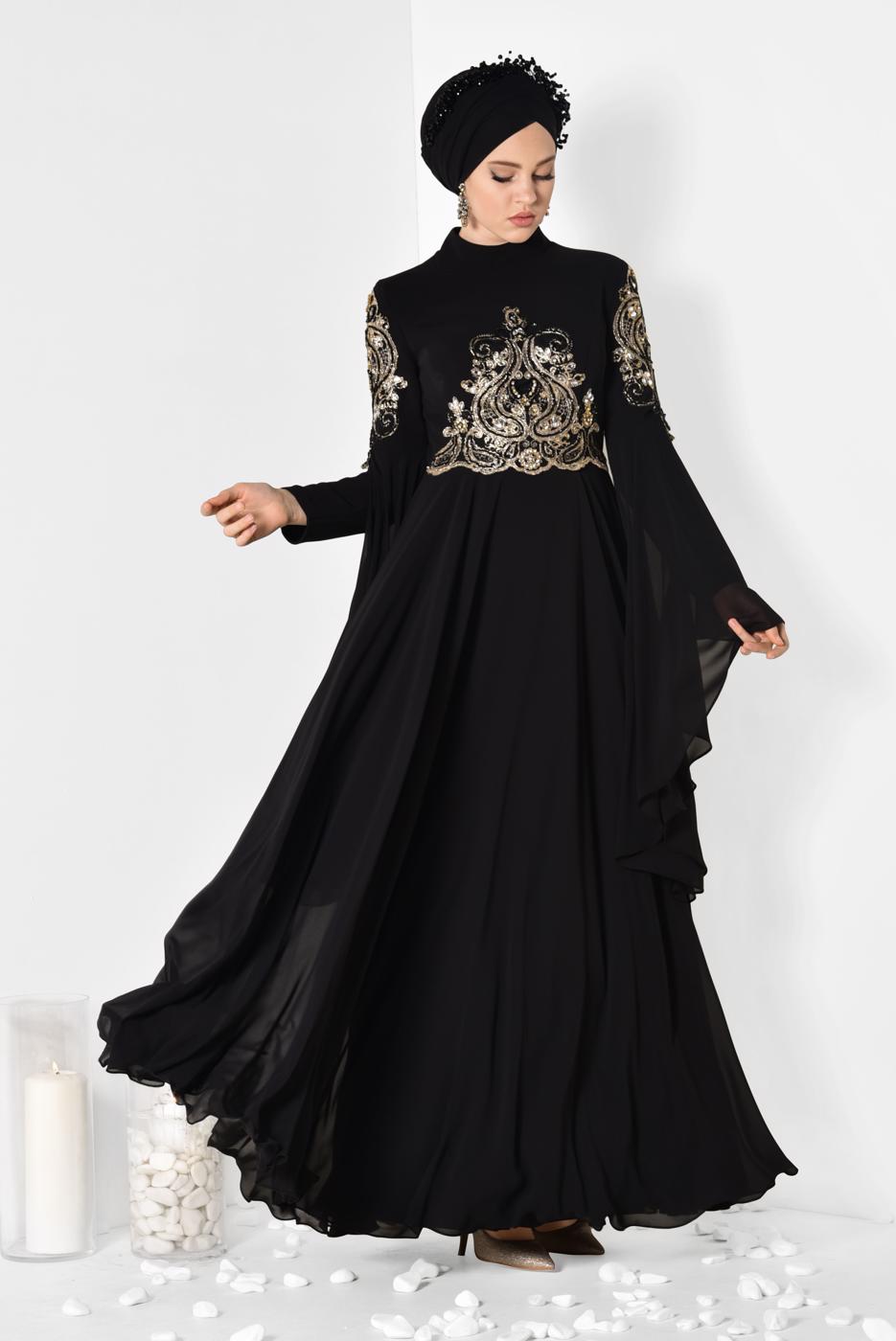 Tesettür giyim SİYAH ALVİNA KOLLARI PELERİN ŞİFON ABİYE ELBİSE 5516