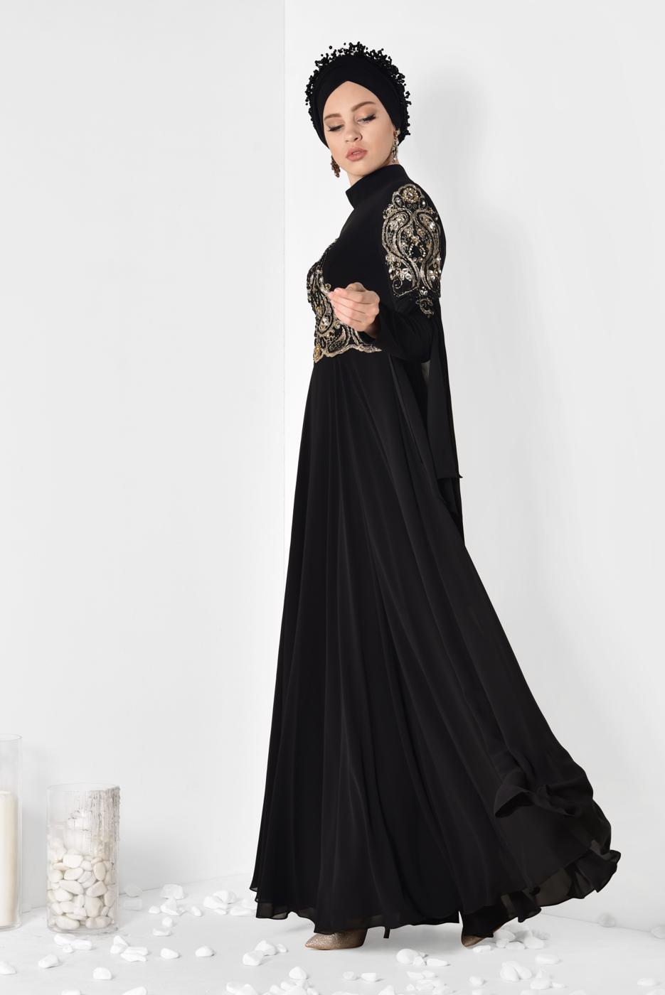 Tesettür giyim SİYAH ALVİNA KOLLARI PELERİN ŞİFON ABİYE ELBİSE 5516