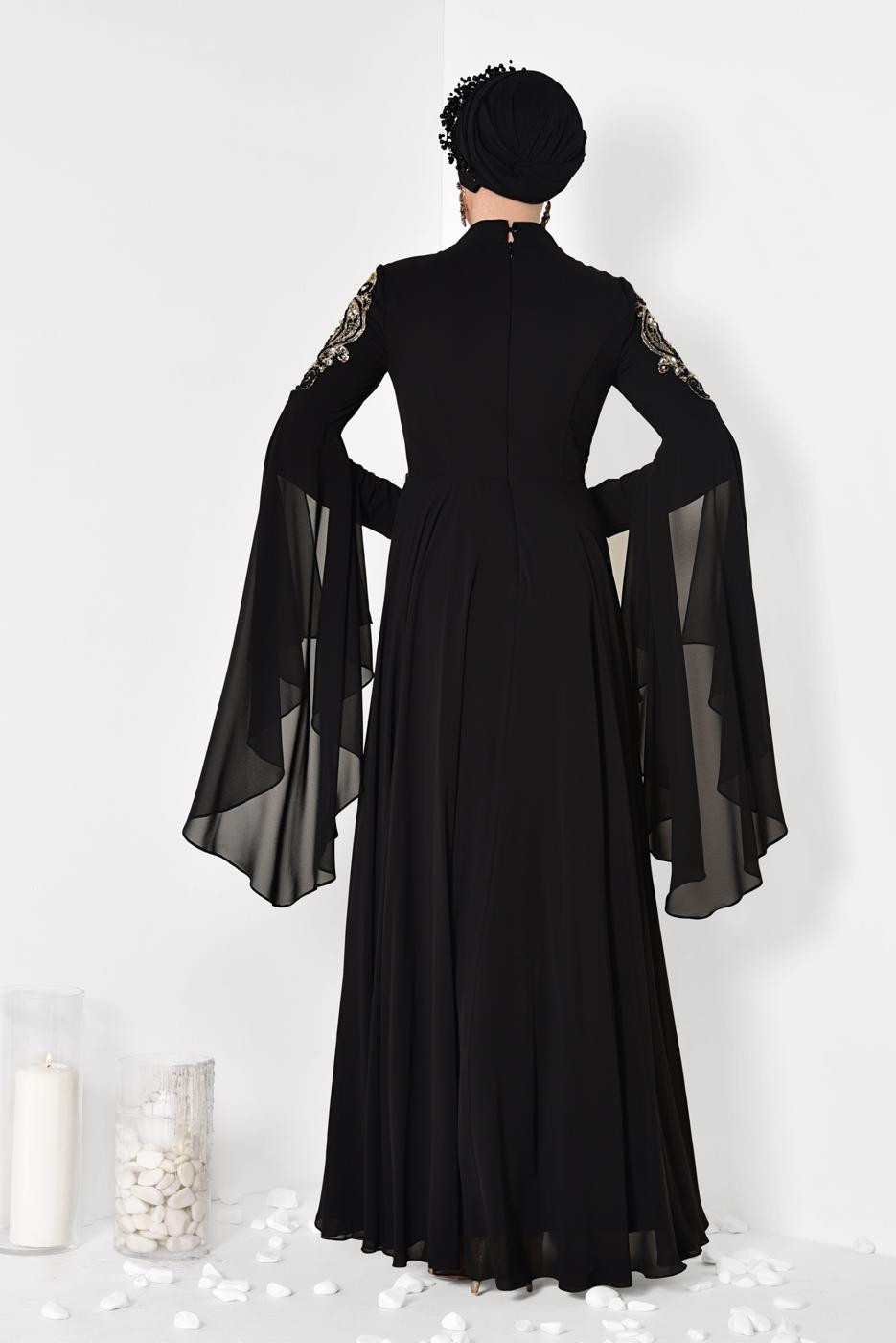 Tesettür giyim SİYAH ALVİNA KOLLARI PELERİN ŞİFON ABİYE ELBİSE 5516