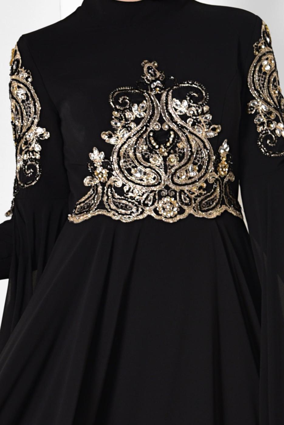 Tesettür giyim SİYAH ALVİNA KOLLARI PELERİN ŞİFON ABİYE ELBİSE 5516