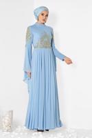 Tesettür giyim MAVİ ALVİNA KOLLARI PELERİN ŞİFON ABİYE ELBİSE 5516