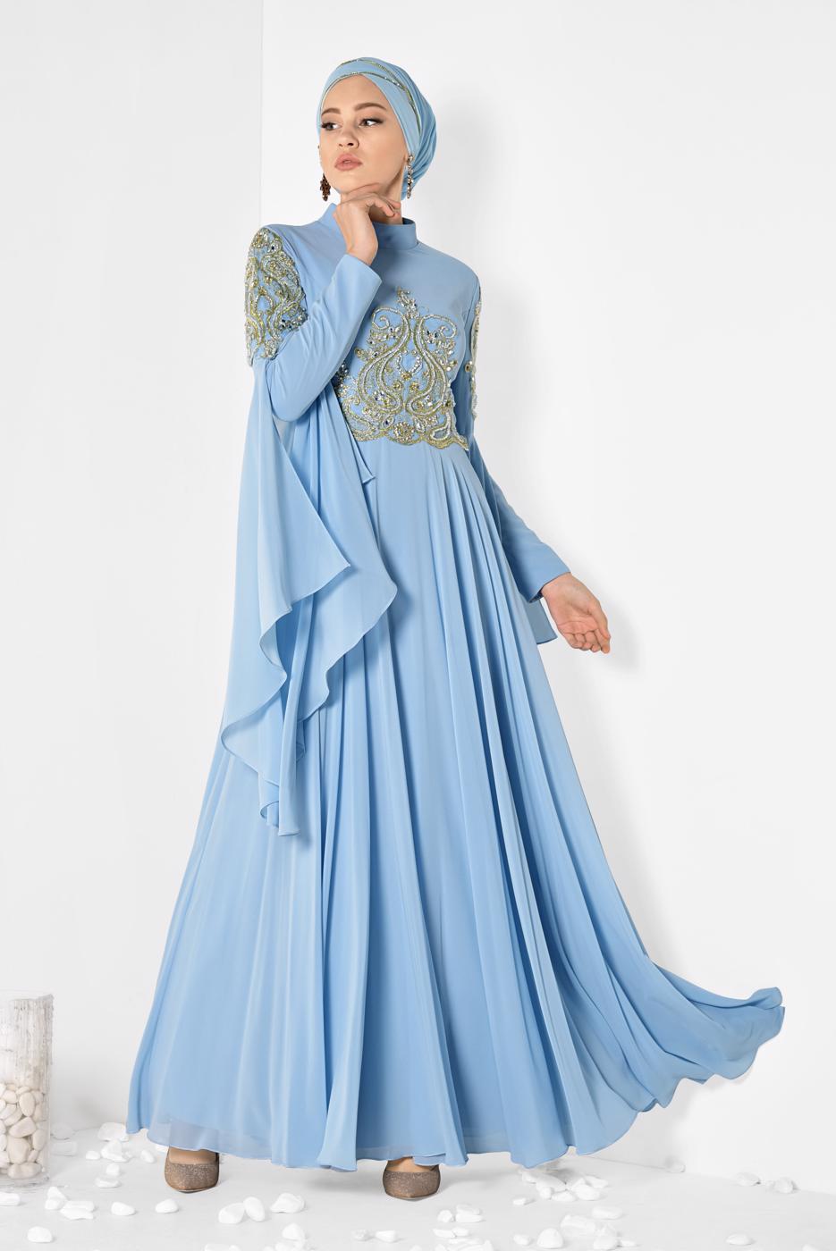 Tesettür giyim MAVİ ALVİNA KOLLARI PELERİN ŞİFON ABİYE ELBİSE 5516